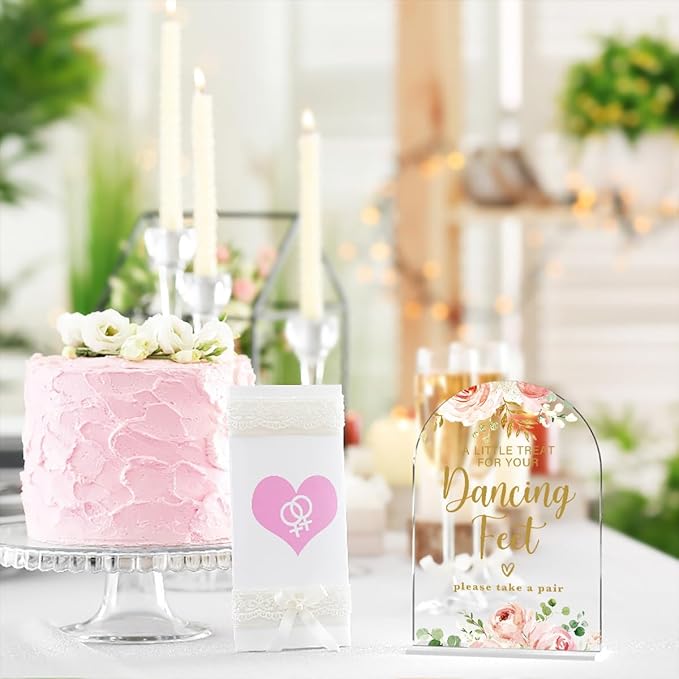 Acrylic Wedding Signs, Bridal Shower Decorations, Dancing Feet Signs for Reception, Modern Calligraphy Arch Acrylic Table Top Sign for Wedding Reception and Engagement Parties (Clear Pink Flowers)