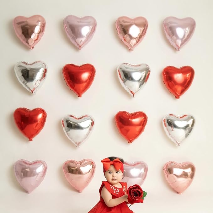 12 Pcs Heart Balloons, 18 inch Rose Gold Heart Shaped Balloons, Big Foil Helium Balloon, Love Balloon for Wedding Baby Shower Anniversary Backdrop Valentine Party Decorations
