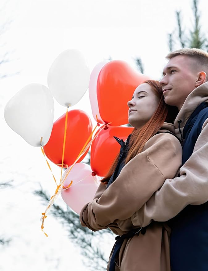 50 Pcs Heart Shaped Balloons, 12 Inch Romantic Valentine Balloons Kit, Red Pink and White Balloon for Wedding Anniversary Engagement Valentines Day Decor