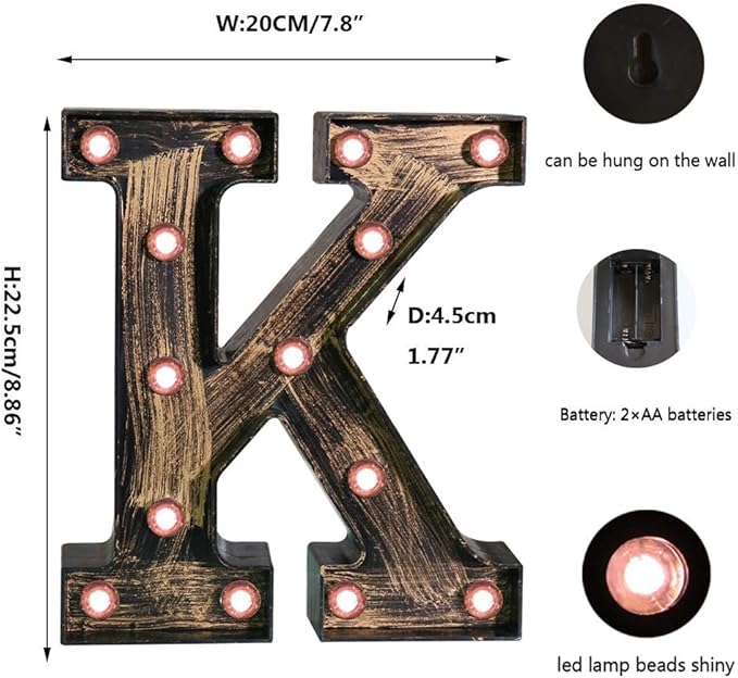 OYCBUZO Golden Black Led Marquee Letter - Industrial, Vintage Style Light Up Alphabet Letter Sign for Cafe Wedding Birthday Party Christmas Lamp Home Bar Initials Decor - K