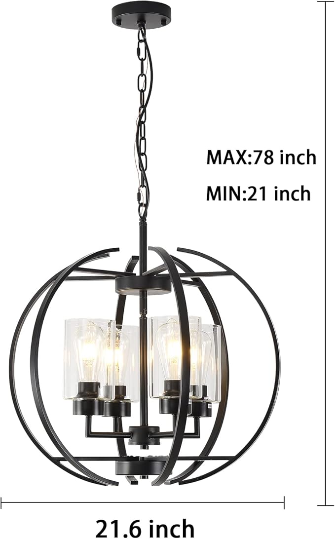 Black Chandelier Lighting with Clear Glass for Dining Room, Farmhouse Hanging Lighting, 4 Lights Globe Ceiling Light Fixture