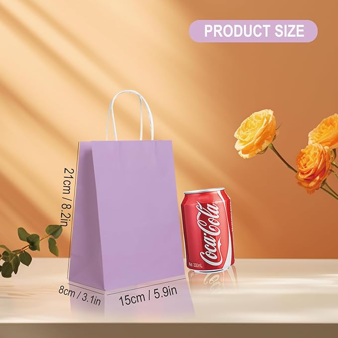 BAG BOX 100 Pack 5.9x3.1x8.25 Inch Purple Gift Bags with Handles,Bulk Kraft Paper Bags for Shopping, Retail, Merchandise, Wedding, Party Favors, Paper Grocery Sacks