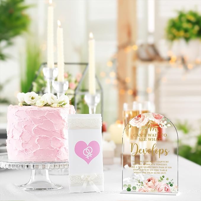 Acrylic Wedding Signs, Bridal Shower Decorations, Modern Calligraphy Arch Acrylic Table Top Sign for Wedding Reception and Engagement Parties - Can't Wait to See What Develops (Clear Pink Flowers)