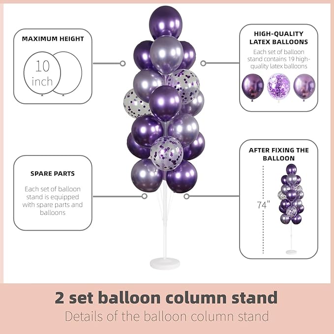Balloon Column Kit Set of 2 With Balloons Included - with Base, and Pole,Balloon Tower Backdrop Decoration for Wedding, Baby Shower, Birthday Party, or Bachelorette Parties (Metallic purple)