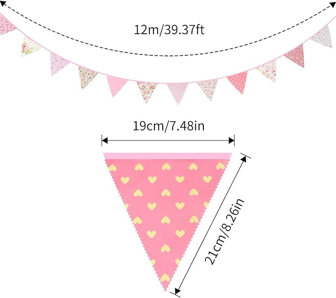 jijAcraft 39Ft Triangle Bunting Banner, 42Pcs Tea Floral Party Bunting Cotton Fabric Flags Pennant Garlands for Birthday Party, Wedding, Baby Shower, Outdoor and Home Decorations (Pink)