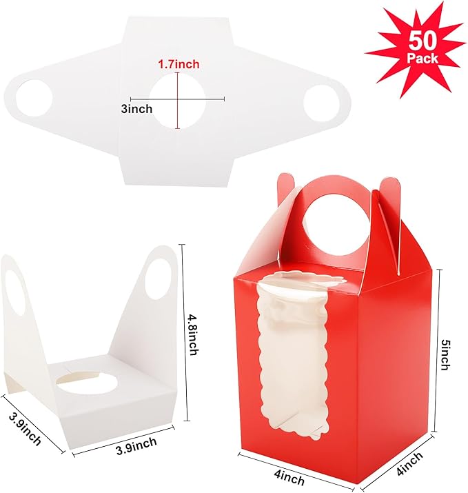 Individual Cupcake Boxes 4x4x5 Inches Disposable Pastry Tray Boxes, With Window Insert and Handle, Perfect for Parties, Birthdays, Bakery Wrapping and Events Containers (Red-50Pack)