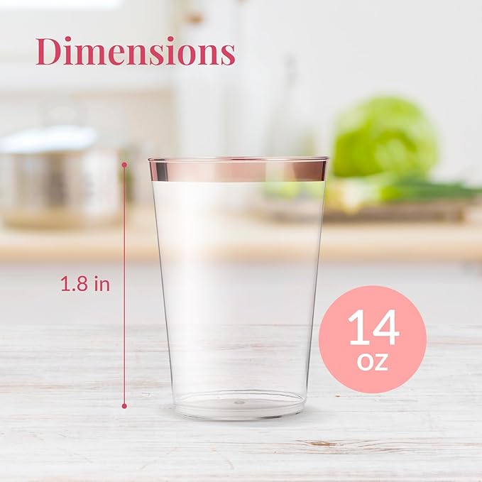50 Pack Disposable Plastic Cups by Prestee - 14 oz Rose Gold Rimmed Plastic Wine Glasses - Heavy Duty, Pink Rim Cup - Disposable Party Cups and Fancy Wedding Tumbler - Elegant Decoration Cup for Party