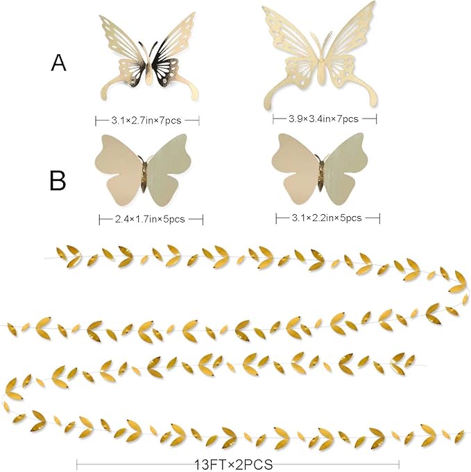 White and Gold Party Decoration Kit Lanterns Flowers Pom Pom with Gold 3D Butterfly Stickers and Leaf Garland Streamers for Birthday Engagement Wedding Bridal Shower Bachelorette Party Decor Supplies