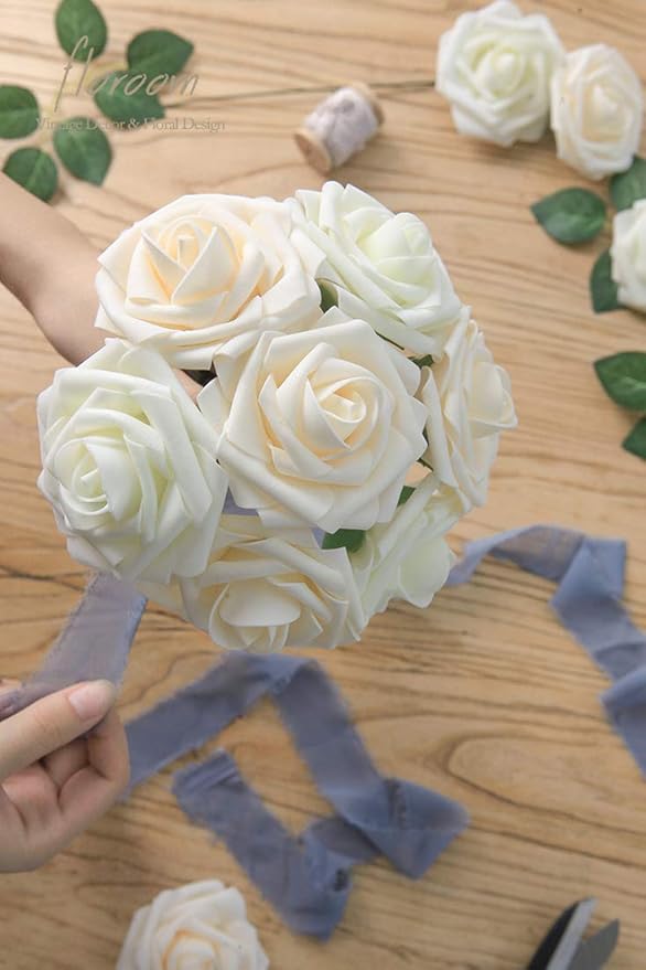 Floroom Artificial Flowers 25pcs Real Looking Champagne Foam Fake Roses with Stems for DIY Wedding Bouquets Bridal Shower Centerpieces Floral Arrangements Party Tables Home Decorations
