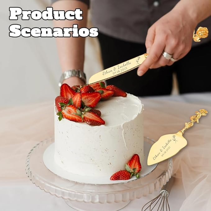 Engraved Personalized Gold Wedding Cake Knife and Server Set - Custom Bridal Cake Serving Gift for Anniversary, Engagement, Birthday Gift