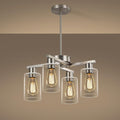 4-Light Modern Farmhouse Brushed Nickel Chandelier, Dining Room Light Fixture Over Table Adjustable Height Hanging Industrial Pendant Lights Kitchen Island, Clear Glass Shade