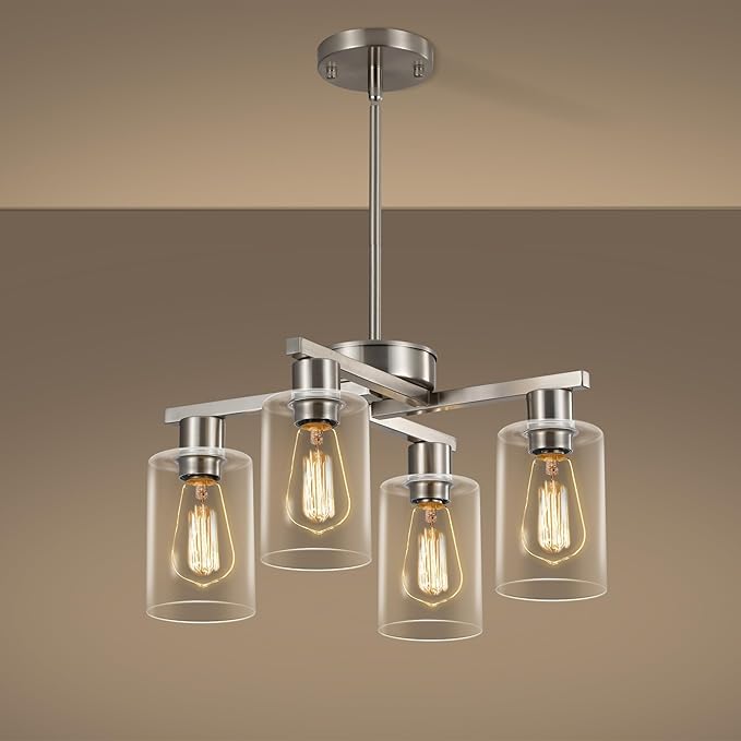 4-Light Modern Farmhouse Brushed Nickel Chandelier, Dining Room Light Fixture Over Table Adjustable Height Hanging Industrial Pendant Lights Kitchen Island, Clear Glass Shade
