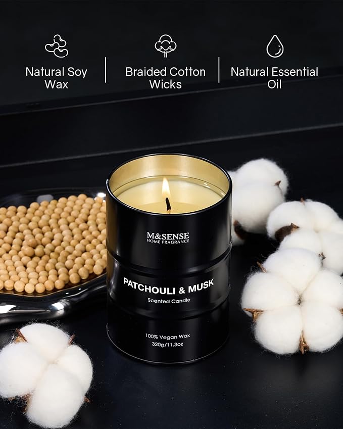 M&SENSE Patchouli Musk Scented Candle,Gifts for Men,70 Hours Slow Burning Natural Soy Candles11.3 oz