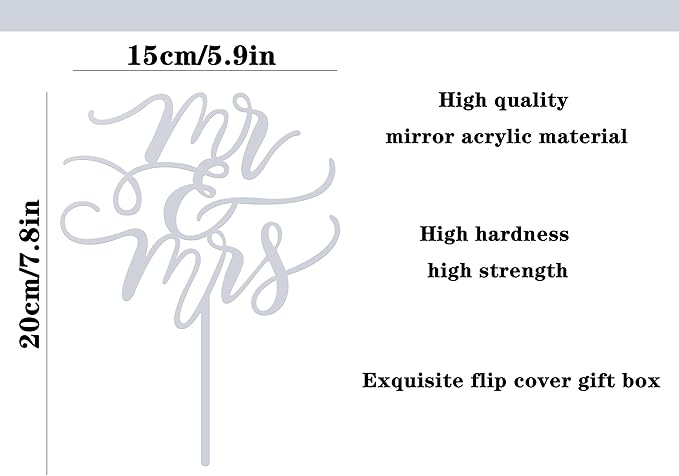 Mr and Mrs Cake Topper - Glitter Silver Acrylic Wedding Cake Decorations, Bride and Groom Cake Pick (Silver)