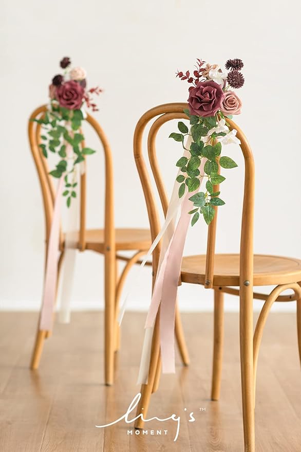 Ling's Moment 8pcs Wedding Artificial Aisle Pew Flowers Chair Decorations Arrangements with Chiffon Ribbons Dusty Rose Mauve for Ceremony Chair Back Floral Decor Reception Church Party Outdoor