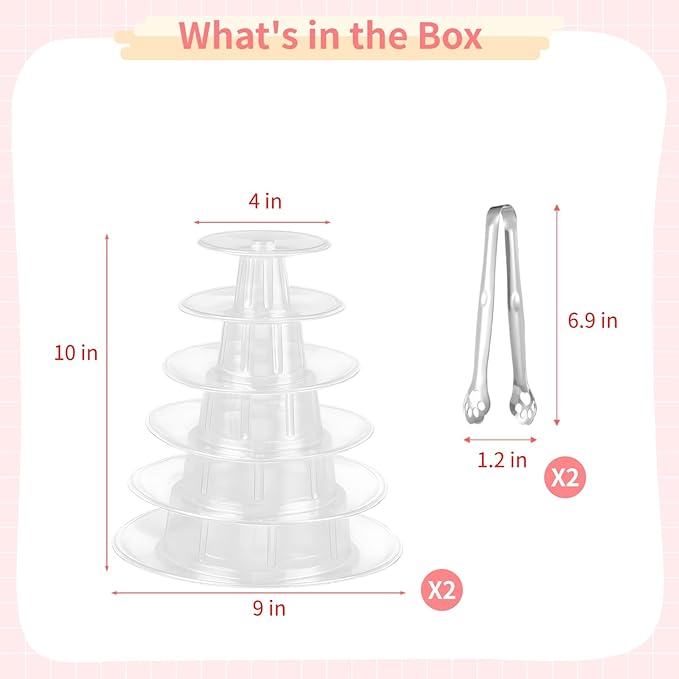 OMISTAR 2 PCS 6-Tier Clear Macaron Display Stands, Plastic Macaron Tray Tower with Stainless Steel Serving Tongs, Transparent Cupcake Dessert Stand for Weddings, Birthday Parties, Bakeries