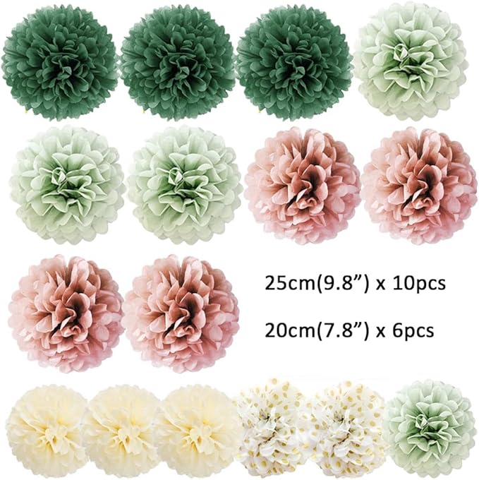 16pcs Dusty Rose Olive Sage Green Tissue Paper Pom Poms Flowers Sage Green Dusty Pink Party Decorations for Bridal Shower Baby Shower Rustic Wedding Birthday Engagement Party Decorations