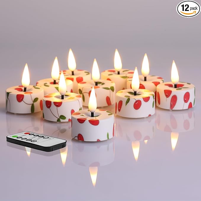 Eywamage Cherry Flameless Tealights with Remote Batteries, Flickering Plastic LED Tea Votive Candles Set of 12
