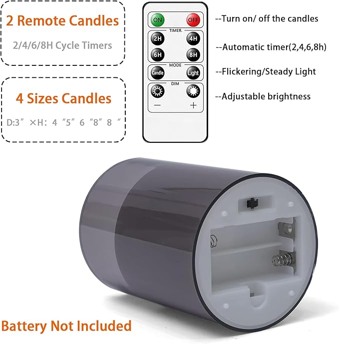 Fo32won Grey LED Flameless Pillar Candles Battery Operated with Remote and Timer, Set of 5 (D 3"×H 4" 5" 6" 8" 8") Decorative Plexiglass Flickering Candles with 3D Flame