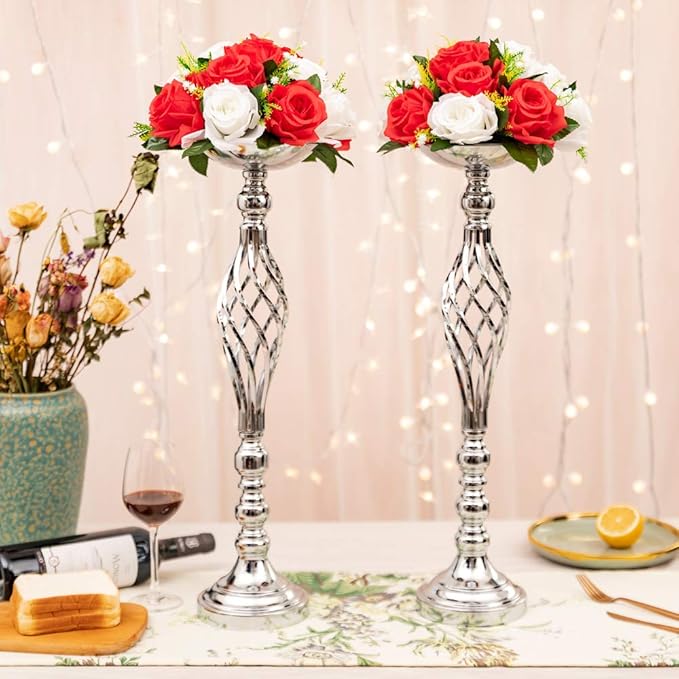LANLONG 2pcs Metal Silver Candle Holders Road Lead Table Centerpiece Stand Pillar Candlestick for Wedding Candelabra Flowers Vases