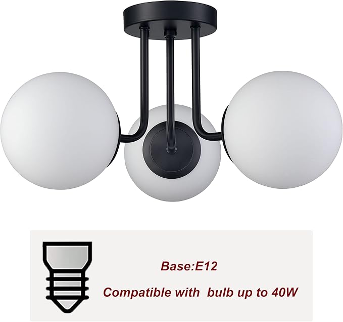 3-Light Modern Black Metal Semi Flush Mount Ceiling Light with White Globe Glass Shade Ceiling Mount Light Fixture for Hallway Living Room Sputnik Chandelier Lighting