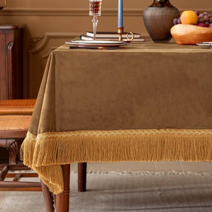 F-CHU Luxury Camel Tablecloth Thickset Velvet Tablecloth with Beautiful Gold Tassels Vintage Table Cloth for Home Decor Wedding, Party, Banquet and Events 60x70-Inch