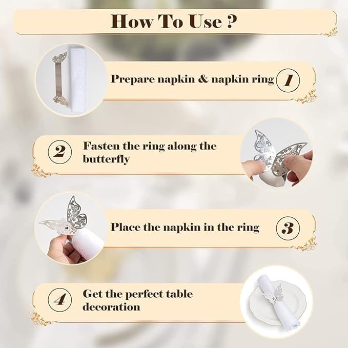 100 Pcs Napkin Rings Laser Cut Butterfly Shape Foil Paper Napkin Holder for Weddings Party Serviette Table Decoration Restaurant (Silver)