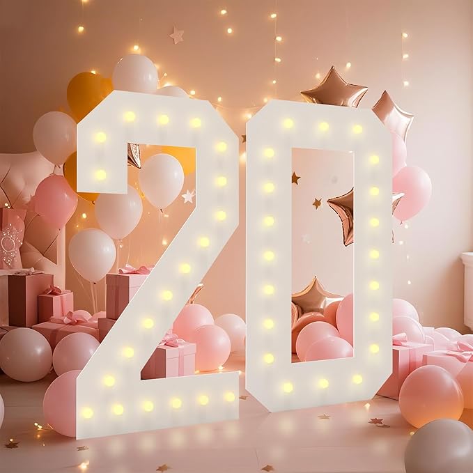 LOBOOM 4FT Light Up Numbers, Marquee Numbers 4 Feet Tall Giant Number 20 Mosaic Big Number Sign for 20th Birthday Party Backdrop Anniversary Decorations, Pre-Cut Large Frame