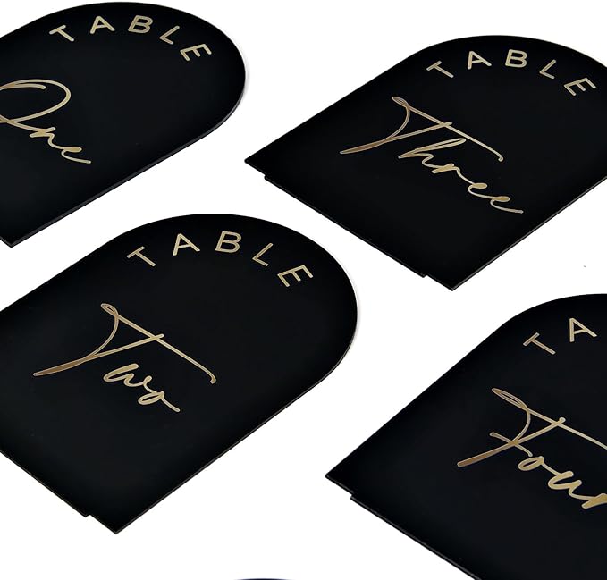 Black Arch Wedding Table Numbers 1-15 with Stands, 5x7 Inch Black Acrylic Sign with Gold Letters, Arched Acrylic Table Numbers for Wedding Reception