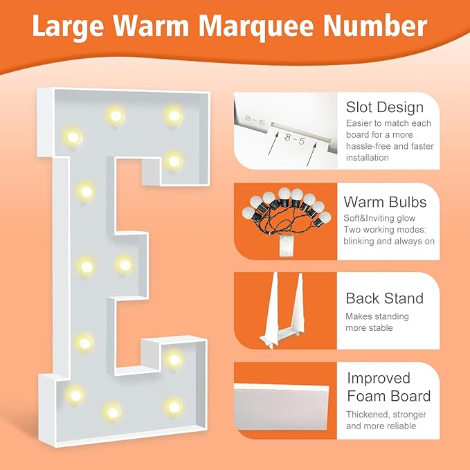 Marquee Light Up Letters E, 4FT Foam Board Mosaic Balloon Letters with Light Bulbs, Large Marquee Letter for Birthday Festival Party, Marry Me Light Up Letter for Wedding Engagement Party Decor