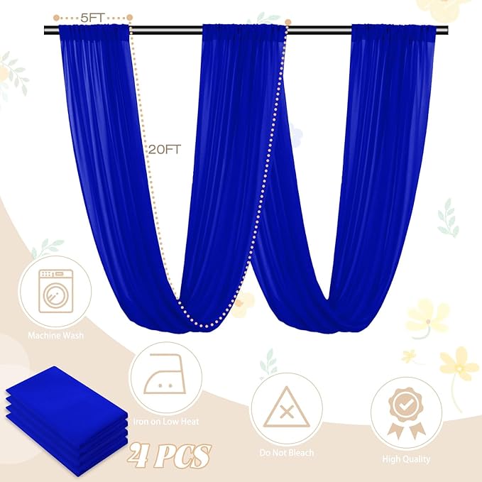 FUHSY Royal Blue Ceiling Drapes for Wedding Arch Draping Fabric Chiffon Wedding Drapery 4 Panels 5x20FT Sheer Curtains Drapes Tulle Backdrop for Reception Party Ceiling Decorations Arch Drapes Wedding