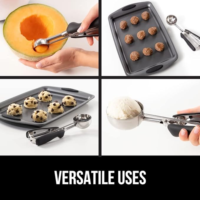 GORILLA GRIP Stainless Steel Multipurpose BPA-Free Spring Scoop, 3 Pack Includes 1, 2, and 3 TBSP SIzes, Melon Ballers Scoops, Perfect Portion Sizes, Easy Squeeze, Clean Release, Black