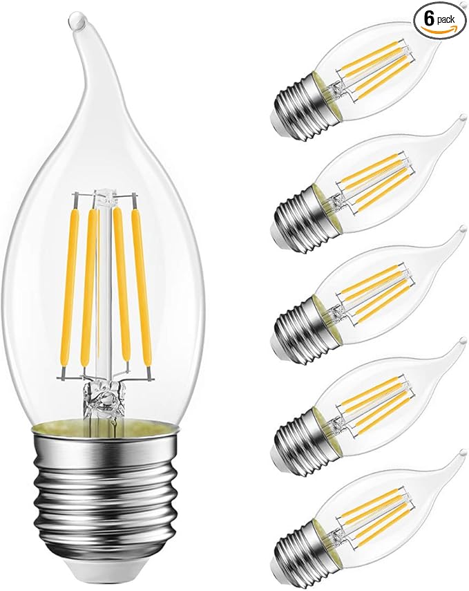 LVWIT Flame Tip LED Filament Bulb Candelabra E26 Base Dimmable 4.5W (60W Equivalent) B11 Chandelier Candle Light Bulb，2700K Warm White 6-Pack