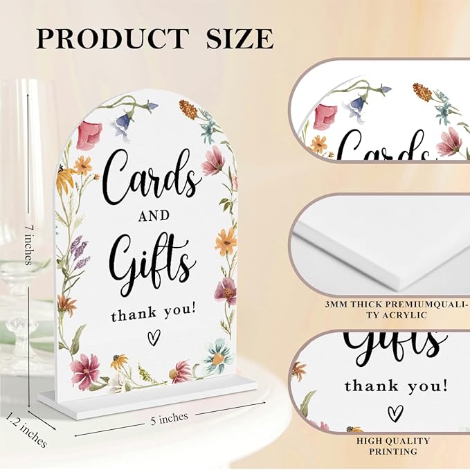 2 Pcs Acrylic Wedding Signs for Reception, Bridal Shower Decorations, Cards and Gifts Signs, Guest Book Sign, Arch Acrylic Table Top Sign with Holder for Wedding Reception (White Wildflowers)