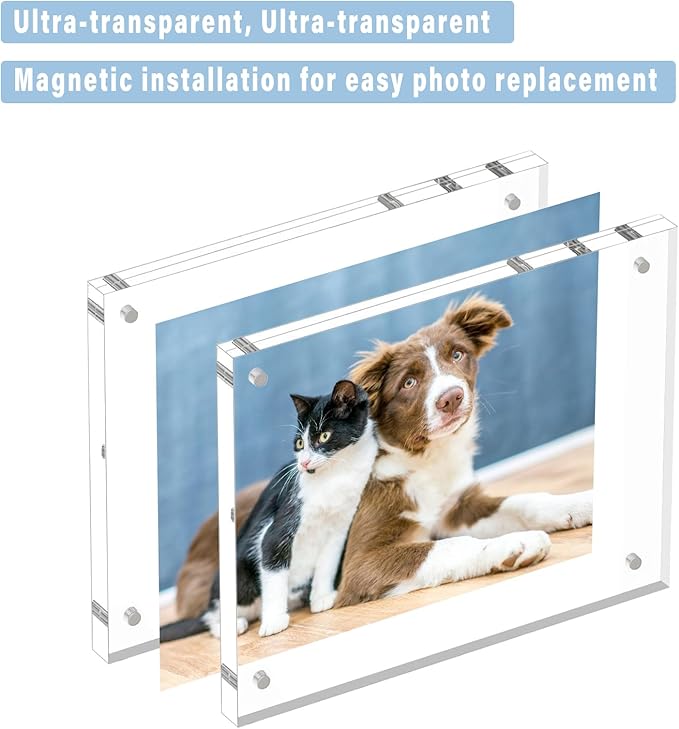 HELPLEX 2 Pack 8x8 Acrylic Picture Frames, 24mm Thicker Square Frameless Clear Frame Double Sided Magnetic Frame, Free Standing Desktop Display Stand