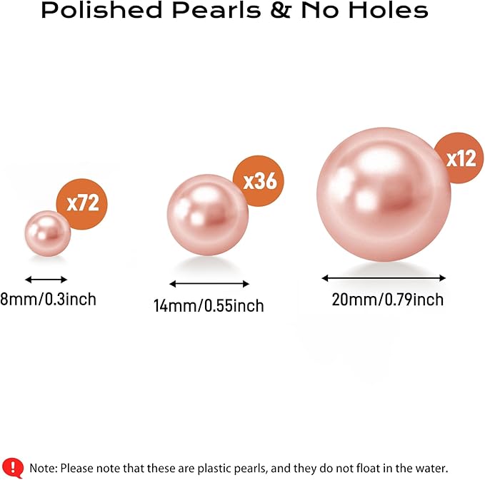 120 PCS 8/14/20mm No Hole Polish Pearl Beads for Centerpiece, Rose Gold Beads Decorative Vase Fillers, Plastics Pearls for Vases, Table Scatters, Wedding Party Decor