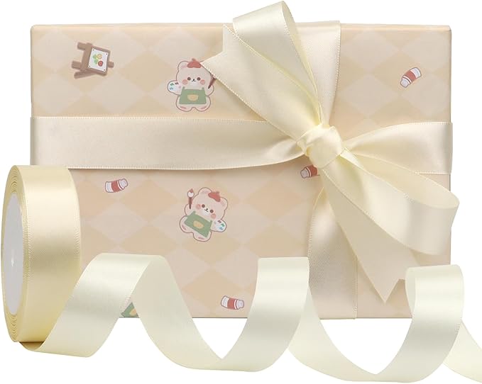 Rice White Solid Satin Ribbon 1 Inch 25 Yards Solid Polyester Fabric Ribbon for Gift Wrapping Wedding Christmas Baby Shower Birthday Party Decoration Handmade Immortal Flower Craft