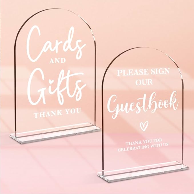 2 Pcs Acrylic Wedding Signs for Ceremony and Reception, Bridal Shower Decorations, Cards and Gifts Signs, Guest Book Sign, Arch Acrylic Table Top Sign with Holder for Wedding Reception (Clear)