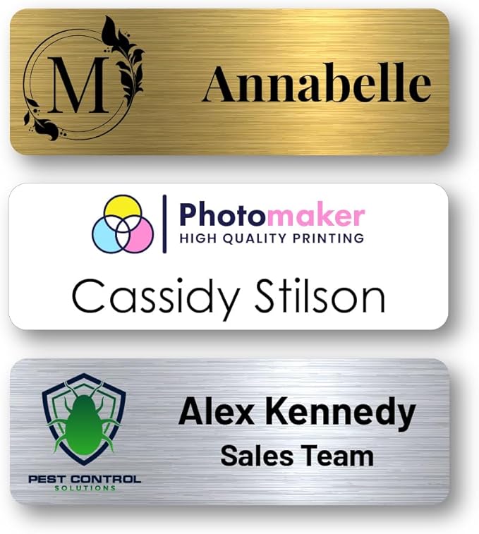 Custom Name Tags - Full Color Logo Name Tags - Scratch Resistant Metal Front & Hard Plastic Back (2 x 3 Inch, Gold)