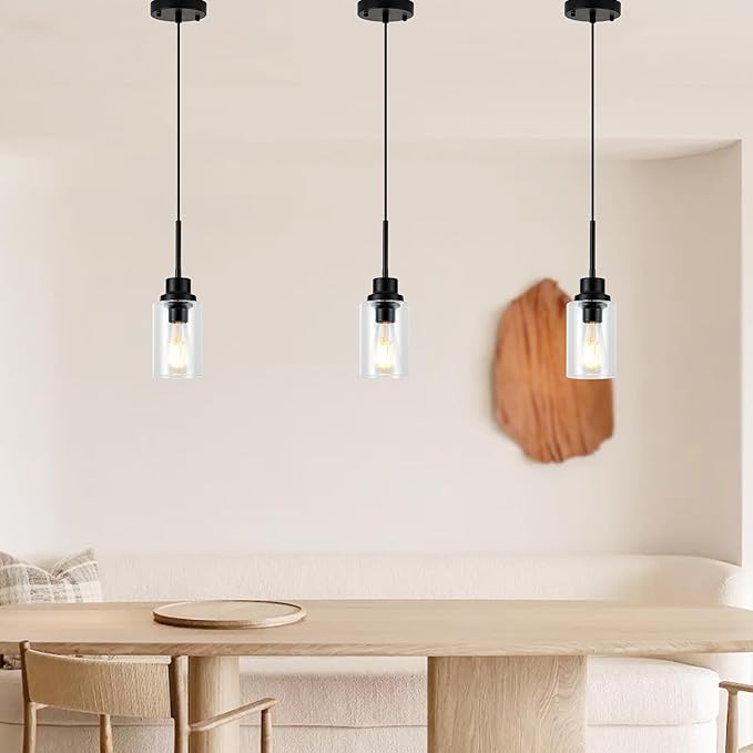 Island Lights for Kitchen,Modern Black Farmhouse Clear Glass Cylinder Pendant Light Fixture,Mini Pendant Lighting for Kitchen Island