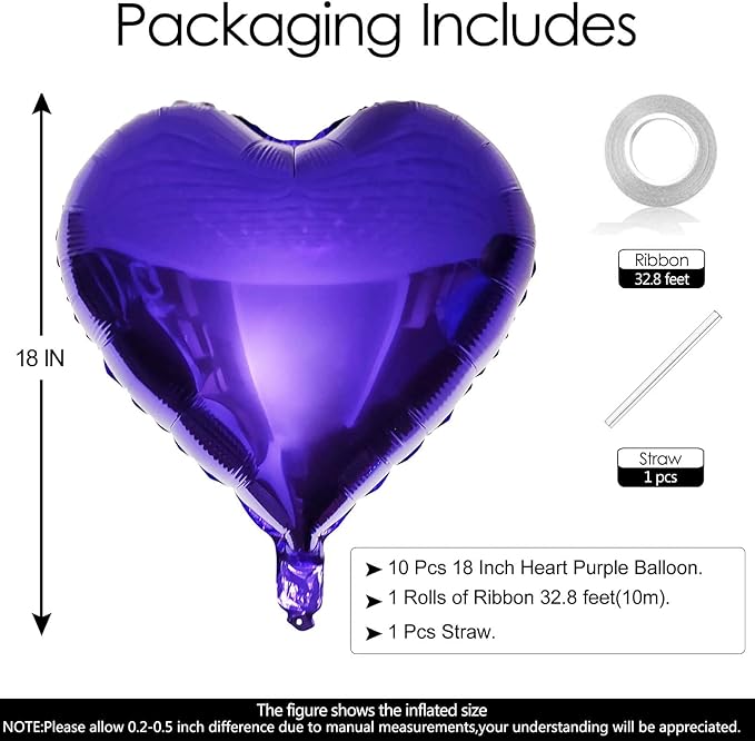 10Pcs Purple Foil Heart Shaped Balloons 18 Inch Mylar for Baby Shower, Wedding, Valentine Decorations - Love Party Decor