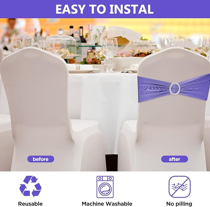 CHENGU 150 Pieces Spandex Stretch Chair Sashes Bows Elastic Chair Cover Bands Ties with Buckle Slider for Wedding Party Reception Events Universal Ceremony Banquet Decorations (Light Purple)