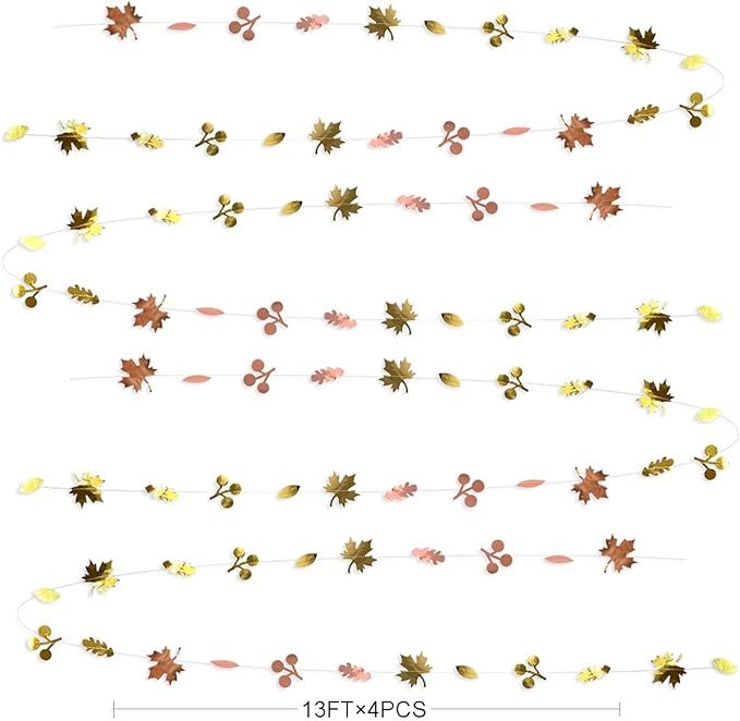52Ft Fall Party Decorations Maple Leaf Garland Streamer Champagne Rose Gold Gradient Autumn Leaves Paper Banner for Thanksgiving Harvest Birthday Wedding Bridal Shower Engagement Party Decor
