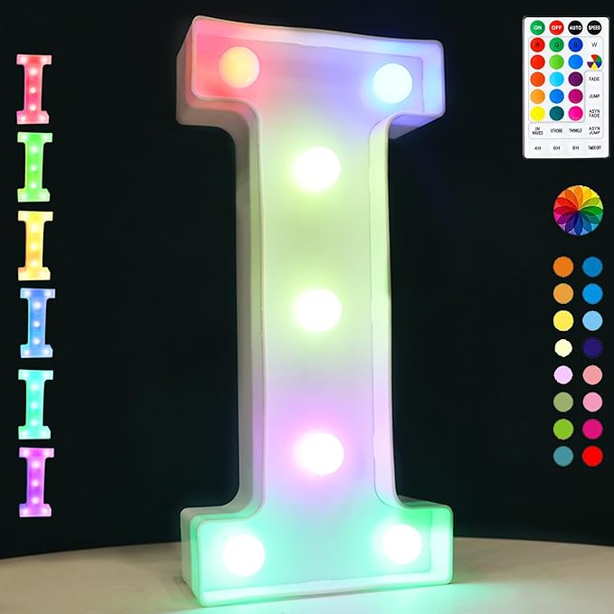 Light Up Colorful LED Marquee Letter lights, 18 Colors Changing Alphabet Letters Sign with Remote Timer for Night Light Girls Bedroom Wedding Birthday Party Lamp Christmas Home Bar Decor- Colorful I
