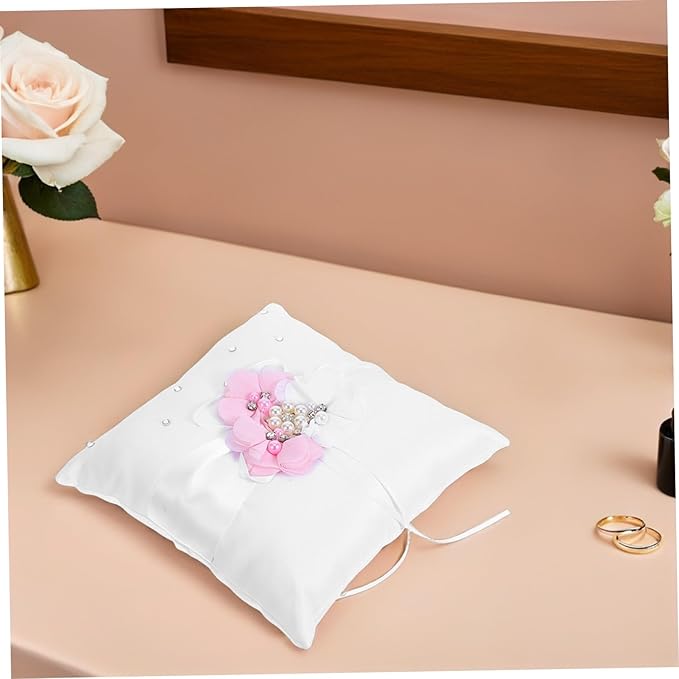 Floral Wedding Ring Bearer Pillow 20x20cm - Satin with Ribbon & Faux Pearls, Elegant Ceremony Decor for Bride and Flower Girl Accessories
