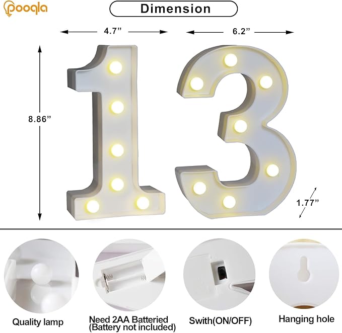 Pooqla 13th Birthday Decorations for Girls Boys, Light Up Number 13 for Party Table Decorations, 13th Birthday Gift for Girls, Backdrop Wall Decor for 13th Wedding Anniversary Decoration