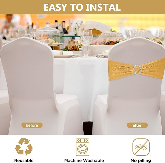 CHENGU 150 Pieces Spandex Stretch Chair Sashes Bows Elastic Chair Cover Bands Ties with Buckle Slider for Wedding Party Reception Events Universal Ceremony Banquet Decorations(Gold)