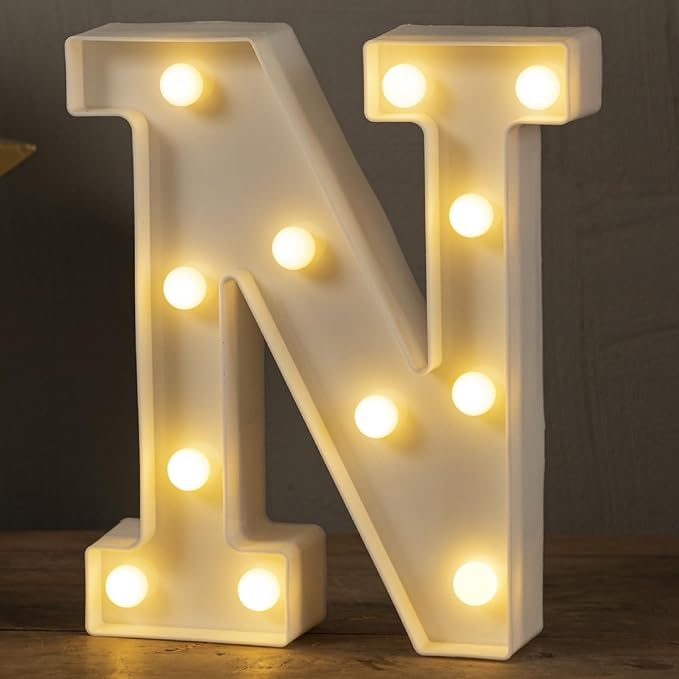 HXWEIYE LED Marquee Letters Lights Sign N, 26 Alphabet 8.57 Inch Light Up Letter and Number 0-9 Number Warm White Led Letters for Bar Party Birthday Home Wedding Décor (9 * 7.6 * 1.8IN)
