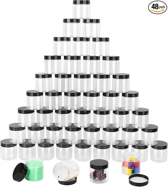 48 Packs 6 OZ Transparent Plastic Jars with black Lids, Body Butter Containers, Cosmetic Containers jars for Kitchen Ingredients, beads, sequins, Lotion, Cream, DIY Crafts and More by KUKLIPJIM.