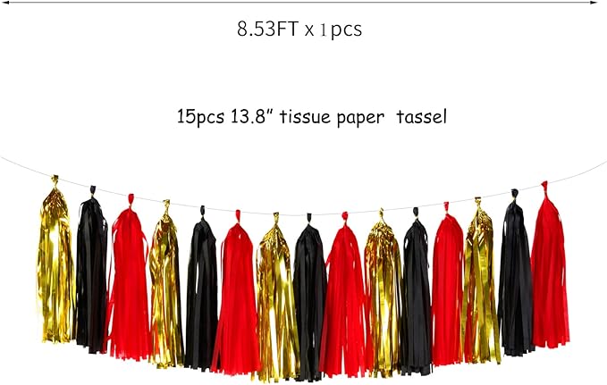 Black-Red Gold Party-Decorations Tassel Garland - 15pcs Graduation Tassels Banner Birthday Casino Theme Wedding Bachelorette Engagement Baby Bridal Shower Party Decor Panduola